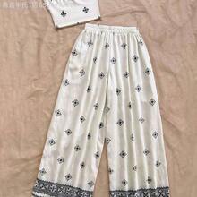 MewMuse.  Conjunto de blusa plisada elástica y pantalones de pierna ancha con estampado de bloques de color para vacaciones, conjunto de top sin tirantes y pantalones, conjunto de 2 piezas de verano para mujer, ropa de vacaciones, conjunto de 2 piezas de estilo bohemio con estampado floral para mujer - Multicolor - Ver 3