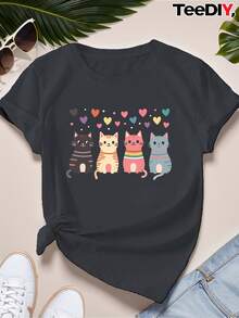 Plus Size Women's Sports T-Shirt - Cartoon Striped Cat Design, Short Sleeves, Crew Neck, Polyester, Machine Washable, Casual T-Shirt | Colorful Casual Wear | Polyester Fabric, Women's T-Shirt - 深灰色 - 查看 12