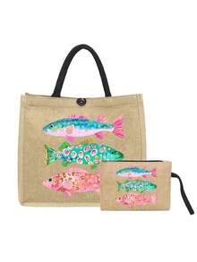 Colorful Fish Pattern Canvas Tote Bag And Wristlet Pouch Set, Reusable Beach Tote Bag With Matching Cosmetic Bag, Ocean Theme Fish Pattern Tote Bag With Black Handle - Multicolor - View 22