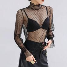 Women's Slim Black Lace Shirt, Spring-Autumn, Sexy, High Neck, Long Sleeve, Fitted, With Crochet Patches, Fashion Blouse - 2SZWB058-黑色 - 查看 4