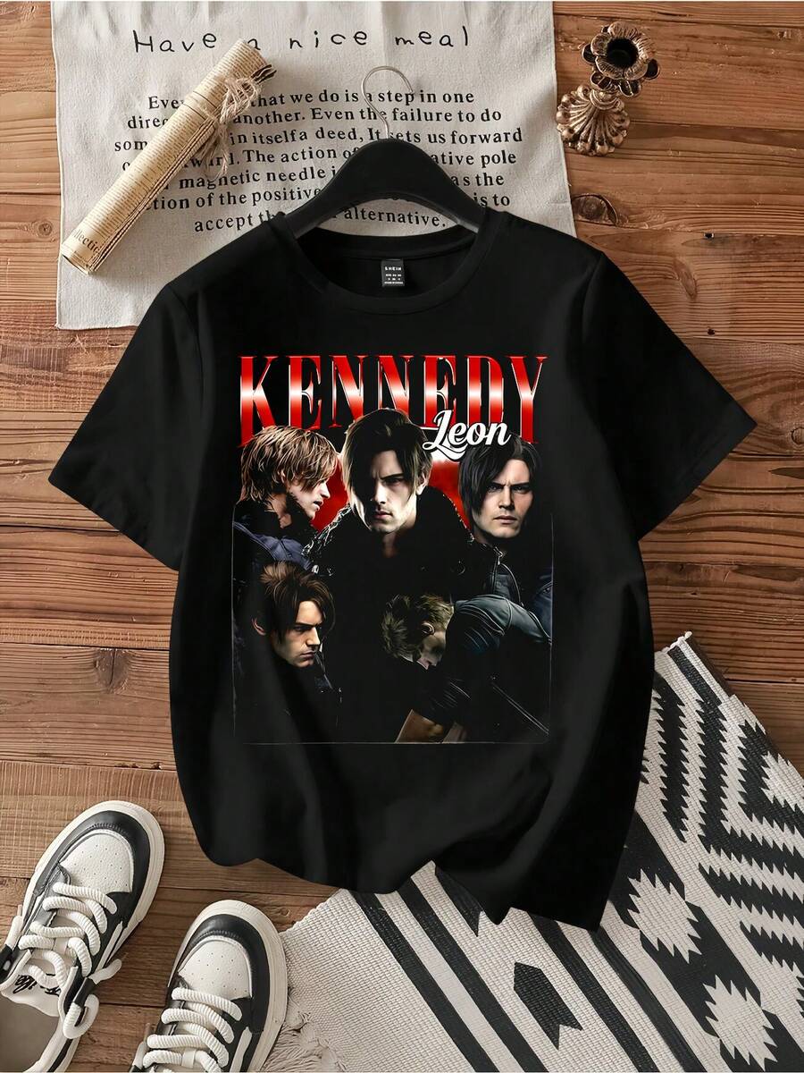 Leon Kennedy Retro Collage Tee.Vintage Graphic Print Casual Cotton Short Sleeve T-Shirt - Black - View 1