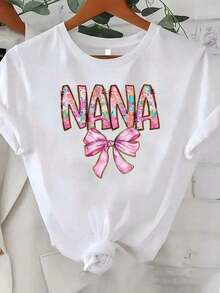 Women's Blouses, Printed T-Shirt, Plus Size Cotton Graphic T-Shirts, 1 Piece Of Nana Women's White Floral Print T-Shirt, Round Neck, Casual Cotton T-Shirt, Medium Stretch Knit Fabric, Regular Fit For Ladies, For Spring/Summer/Autumn, Y2K, Oversized T-Shirt. - 白色 - 查看 1