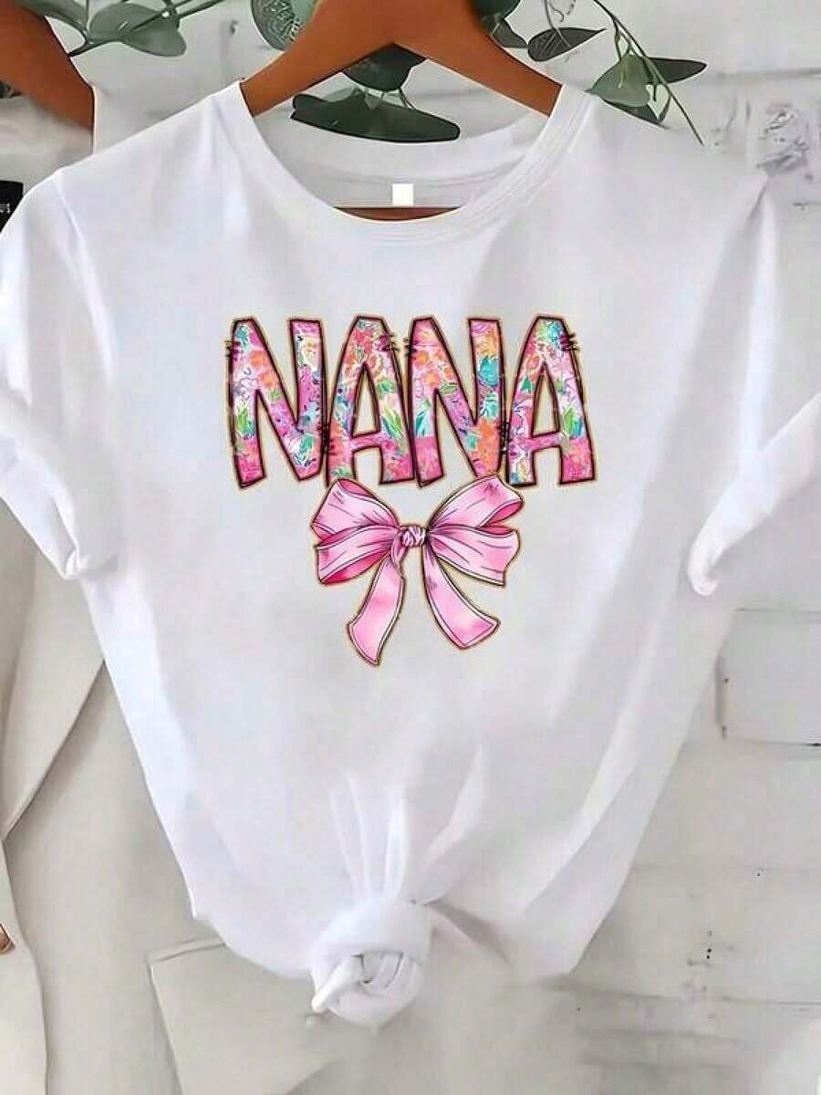 Women's Blouses, Printed T-Shirt, Plus Size Cotton Graphic T-Shirts, 1 Piece Of Nana Women's White Floral Print T-Shirt, Round Neck, Casual Cotton T-Shirt, Medium Stretch Knit Fabric, Regular Fit For Ladies, For Spring/Summer/Autumn, Y2K, Oversized T-Shirt. - 白色 - 查看 1