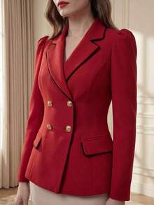 AYYFranclia Blazer de negocios casual de otoño elegante con ajuste de cintura, de doble botonadura, hebilla de metal y borde negro en contraste, en color caqui, para uso en primavera y otoñoAYY - Rojo - Ver 4