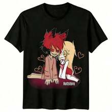 Hazbin Hotels Alastor X Charlie Couple T-Shirt, Anime Fanart Print Casual Tee. Suitable As A Gift. Women's T-Shirt. Elegant Blouses. Boho Chic. Soft, Breathable, And Comfortable Women's Top, Ideal For Spring, Summer, And Autumn, Perfect For Vacations, Travel, And Everyday Wear. - 黑色 11 - 查看 1