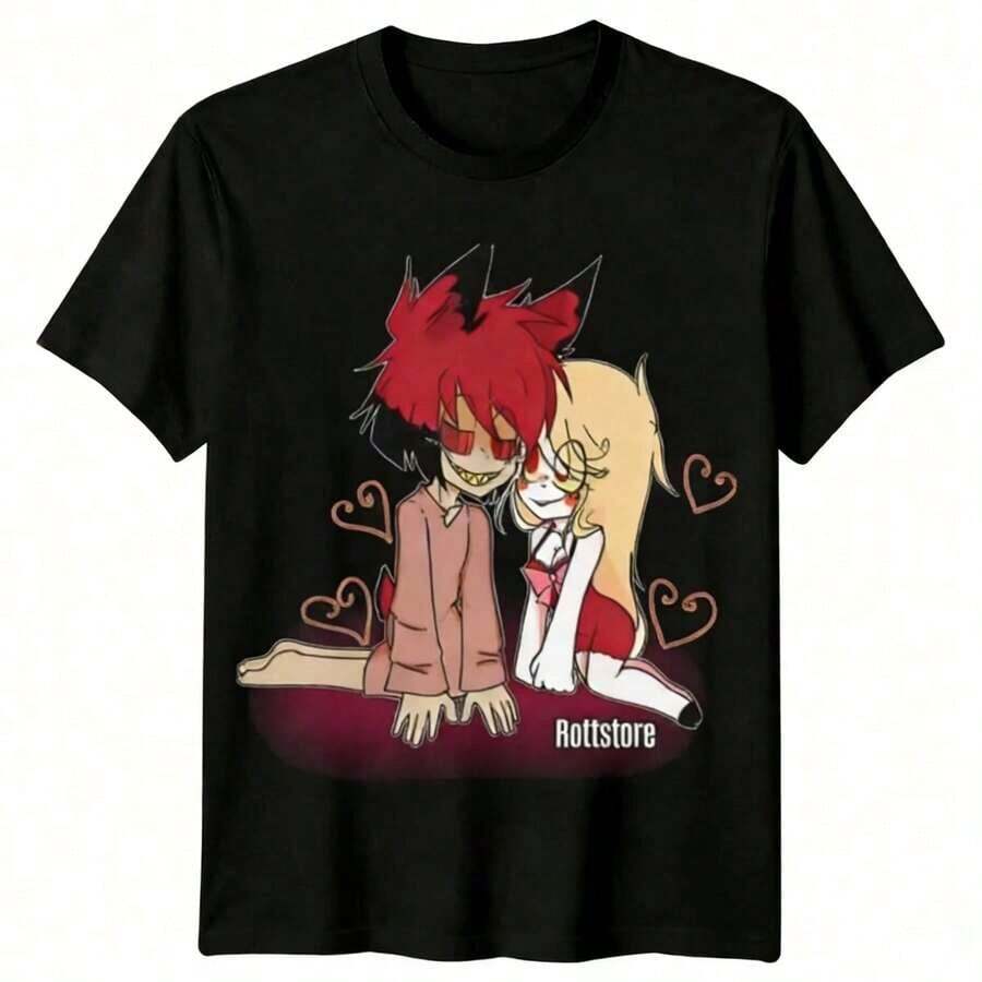Hazbin Hotels Alastor X Charlie Couple T-Shirt, Anime Fanart Print Casual Tee. Suitable As A Gift. Women's T-Shirt. Elegant Blouses. Boho Chic. Soft, Breathable, And Comfortable Women's Top, Ideal For Spring, Summer, And Autumn, Perfect For Vacations, Travel, And Everyday Wear. - 黑色 11 - 查看 1