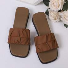 Sandalias casuales de plataforma y cuña con tira y punta cuadrada, de unicolor y plisado, de material de PU marrón, adecuadas para el uso diario en verano - Marrón - Ver 7