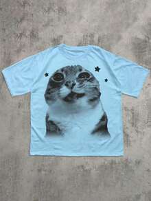 Y2K Retro Funny Cat T-Shirt, Quirky Cat T-Shirt, Vintage T-Shirt, Gift For Cat Lovers, Cute Crew Neck T-Shirt For Women, New Spring/Summer White Casual T-Shirt - 黑色 - 查看 5