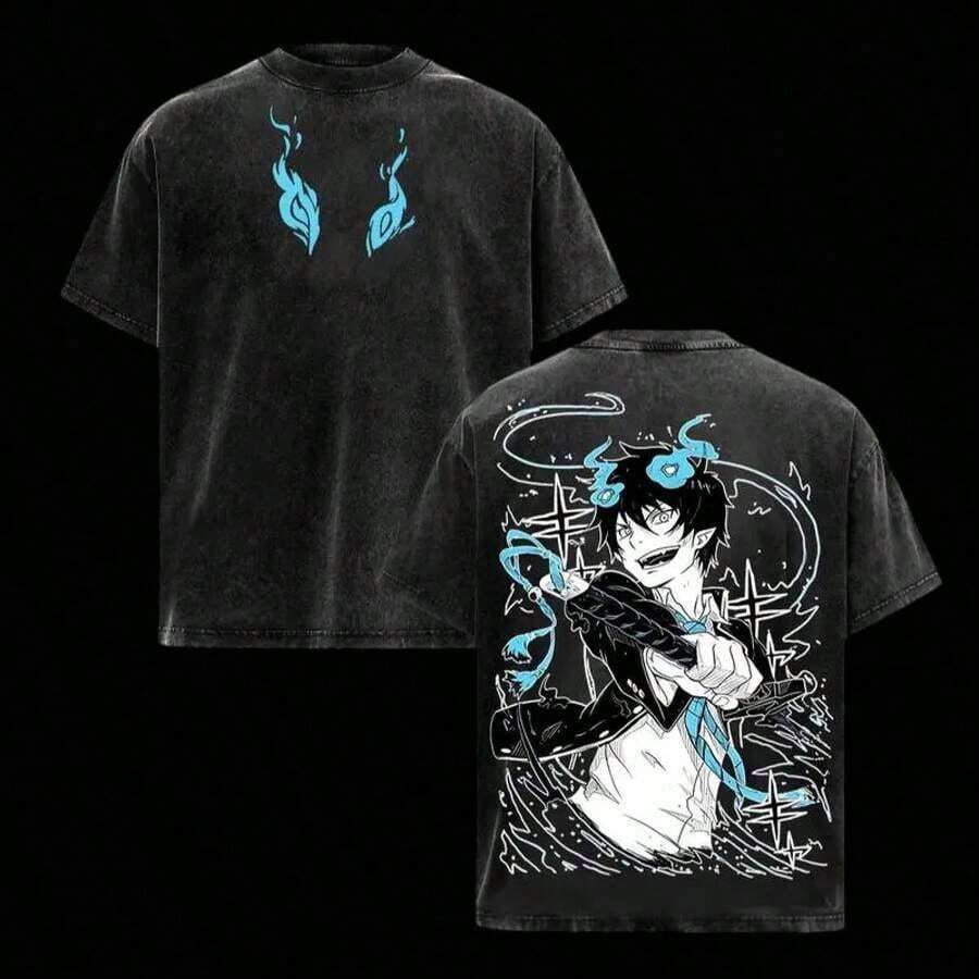 Camiseta de hombre estilo Y2K, con estampado de la figura de anime clásica Rin Okumura con llama azul, corte holgado, estilo retro, gruesa, cómoda y de estilo urbano. - Negro - Ver 1