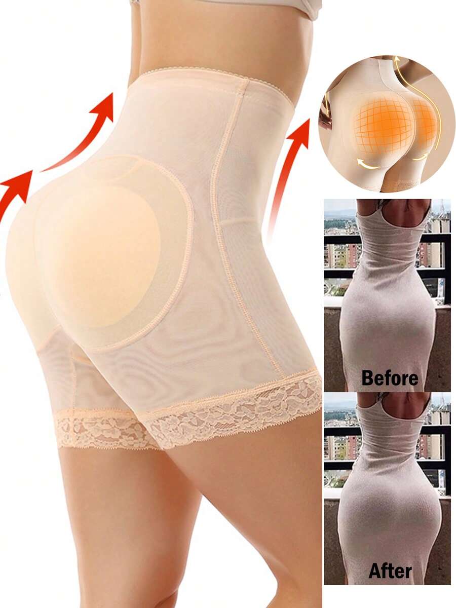 Women Butt Lifter Padded Lace Shapewear High Waist Tummy Control Panties Butt Shaping Hip Enhancer Body Shaper Fake Buttock Underwear Shorts - 米色 - 查看 1