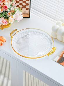 1 Stück elegantes rundes Kunststofftablett mit Goldrand, dekorativem Blumen-Griff, Schminktisch-Aufbewahrungstablett, Dessert-Tee-Obstteller, Heimdekoration - Verschiedenfarbig - Übersicht 12