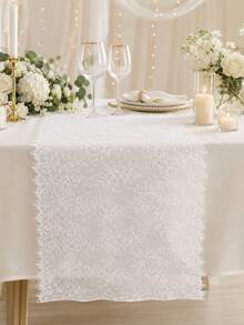 1 pieza Camino de mesa de encaje blanco de 9.84x118.11 pulgadas, camino de mesa bohemio bordado en marfil, cinta de encaje elástica con patrón floral bordado, tela de encaje para decoraciones de mesa de boda rústica, fiesta de ducha nupcial, caminos de mesa vintage - Cuadrado blanco - Ver 3