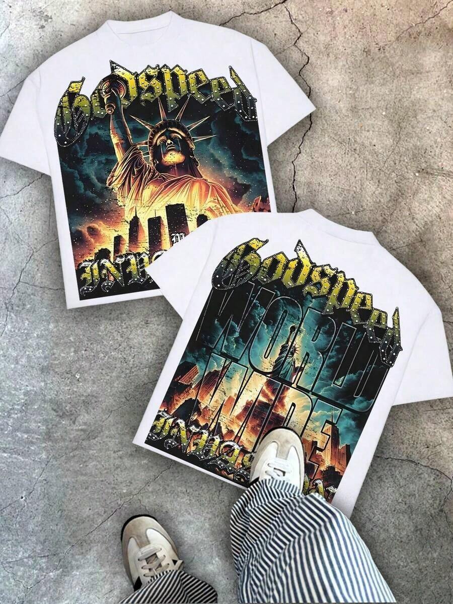 Godspeed T-Shirts With Double-Sided Statue Of Liberty Print, Men's Loose-Fitting Short-Sleeve Cotton T-Shirts, Y2K Retro Casual Style, 100% Cotton, Ideal For Everyday Wear And Holiday Gifts. - 白色 - 查看 1