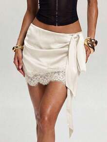 Minifalda elegante de mujer con parches de encaje y cintura con lazo, para verano - Albaricoque - Ver 7