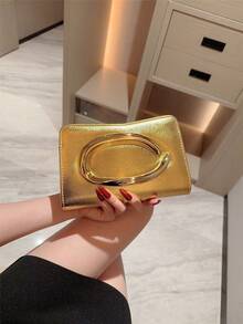 1 pieza Bolso de mano tipo clutch con decoración metálica de estilo europeo y americano, bolso de mano metálico brillante para mujer, sensación de lujo elegante para vestido de noche, fiesta, boda, baile de graduación, gala, diseño de cuero romántico con cadena metálica - Dorado - Ver 4