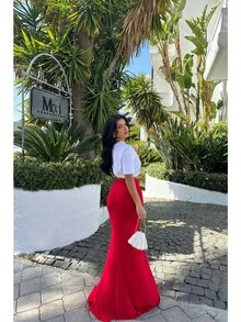 Falda larga ajustada roja con fruncido y abertura frontal, de poliéster, estilo casual, ideal para conjuntos de Año Nuevo. - Rojo - Ver 4