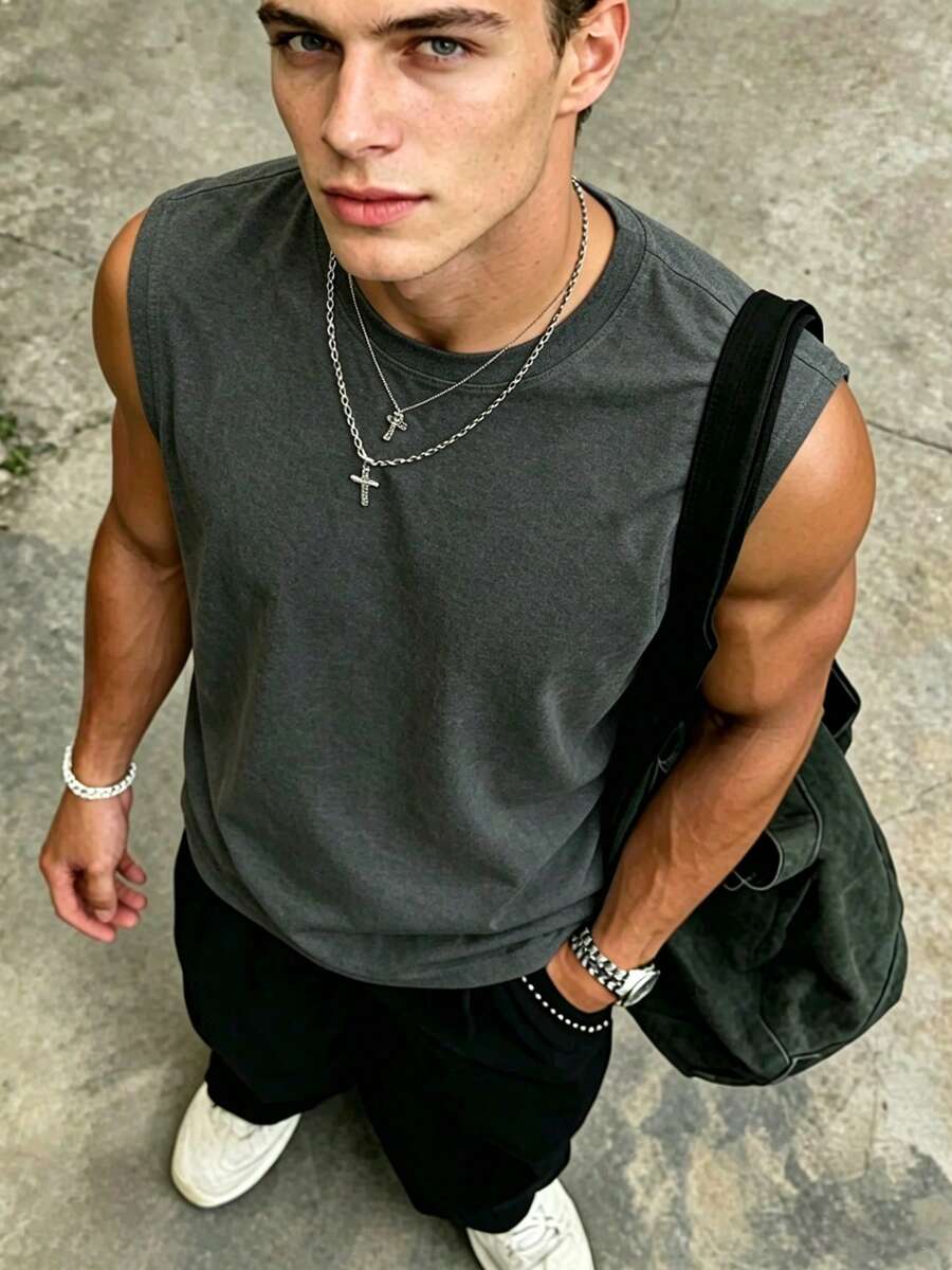 YUNTUO Men's Solid Color Deep Floral Gray Round Neck Sleeveless Vest, Casual Wear For Home, Office, Outdoor, City, Regular, Street, Leisure, Youth, Minimalist, Campus, Retro, Versatile, Texture, Elegant, Personalized, Sports - Multicolor - View 1