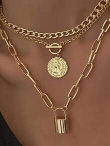 3pcs Vintage Elegant Personalized Exaggerated Punk Style Women Coin & Lock Pendant Necklaces, Suitable For Daily, Party And Travel Wear - Gold - View 6