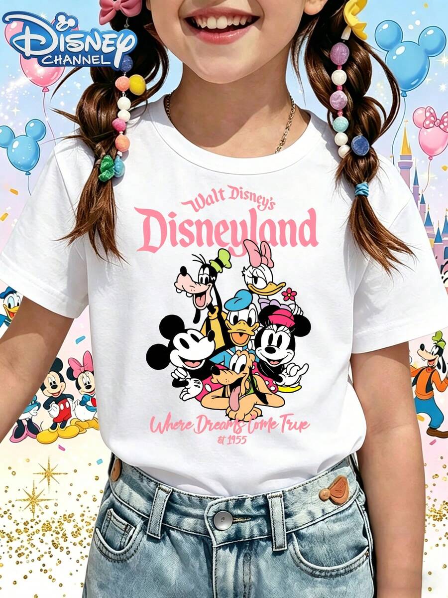 Disney T-Shirt Short Sleeves Are Made Of 100% Pure Cotton FabricDisneyland T Shirt White Mickey Mouse Minnie Donald Duck Goofy Pluto Daisy And Chip And Dale Print For Kids Disneyland Theme Park OutfitA Gift Suitable For Girls - trắng - Xem 1