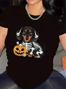Women's Halloween T-Shirt - Cute Dachshund, Skeleton, And Pumpkin Graphic Tee, Lightweight And Durable Polyester, Ideal For Costume Parties And Casual Everyday Wear - Perfect For Halloween Parties And Pet Lovers, Halloween Clothing, Festive Gatherings, Fun Design, Comfortable Fit, Festive Clothing, Funny Print, Soft Material, Short Sleeve T-Shirt, Party Supplies - 黑色 - 查看 7