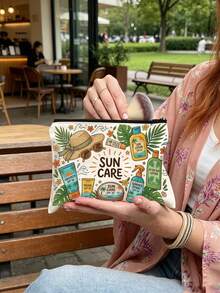 1 Printed Summer Sun Protection Cosmetic Bag Features The Word "SUN CARE" Along With Sun Protection Products And Tropical Patterns. - Multicolor - View 6