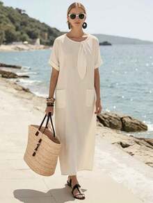 Holidaya Vestido de mujer de manga corta de longitud media con cuello de corbata, bolsillo suelto y textura de tela de color albaricoque para uso diario, viajes y vacaciones. Vestido largo de mujer estilo resort, vestido casual de verano Zanzea para mujer. Vestidos casuales largos para mujer en color azul claro, azul bebé y turquesa. - Celeste - Ver 9
