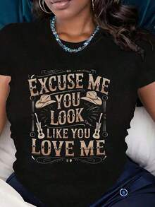Women's T-Shirts, Raglan T-Shirt With Cowboy Hat And Spur Print "Excuse Me You Look Like You Love Me" For Casual Wear, Valentine's Day Sets For Women, Women's T-Shirt. Lucky Letter T-Shirt For St. Patrick's Day, Funny Plus Size Graphic Tee, Casual Blouses For Women - 黑色 - 查看 1