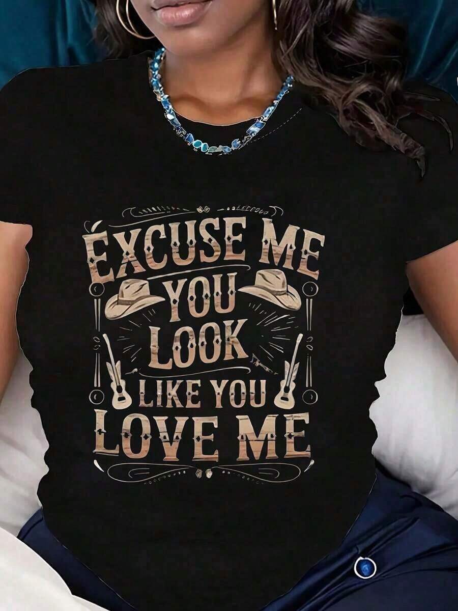 Women's T-Shirts, Raglan T-Shirt With Cowboy Hat And Spur Print "Excuse Me You Look Like You Love Me" For Casual Wear, Valentine's Day Sets For Women, Women's T-Shirt. Lucky Letter T-Shirt For St. Patrick's Day, Funny Plus Size Graphic Tee, Casual Blouses For Women - 黑色 - 查看 1