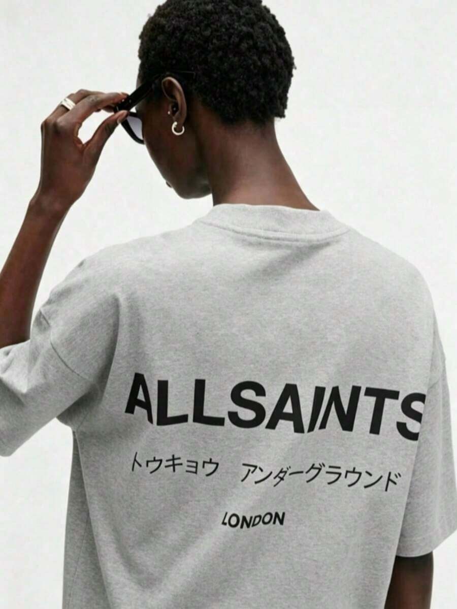 ALLSAINT London Japanese Streetwear T-Shirt, 100% Cotton, Casual, Comfortable, Durable, Unique Graphic Print, Double-Sided Print - 灰色 - 查看 1