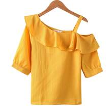 Women's Short Sleeve Chiffon Blouse With Ruffles And One Shoulder Off-Shoulder - Yellow - View 4