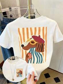 New Women's Summer Casual T-Shirt, Round Neck, Short Sleeve, Blue Letter And Shell Print, English Lettering, Versatile Casual Style, Ideal For Beach Holidays - Unisex Loose Cotton Short Sleeve Round Neck T-Shirt, Vintage Urban Style - 白色 12 - 查看 6