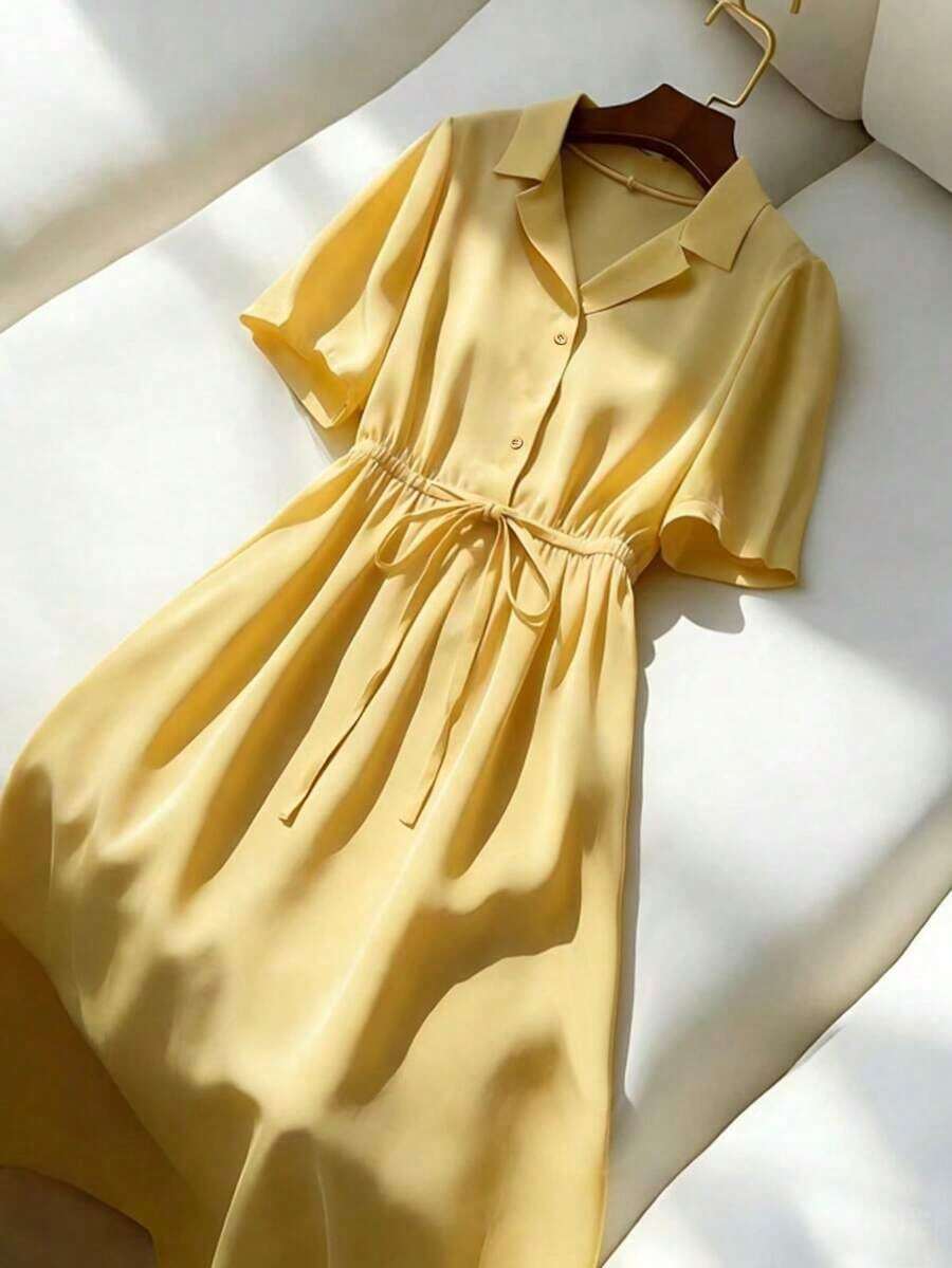 Nuevo vestido de manga corta con cuello y cintura ceñida, para primavera/verano - Mostaza Amarilla - Ver 1