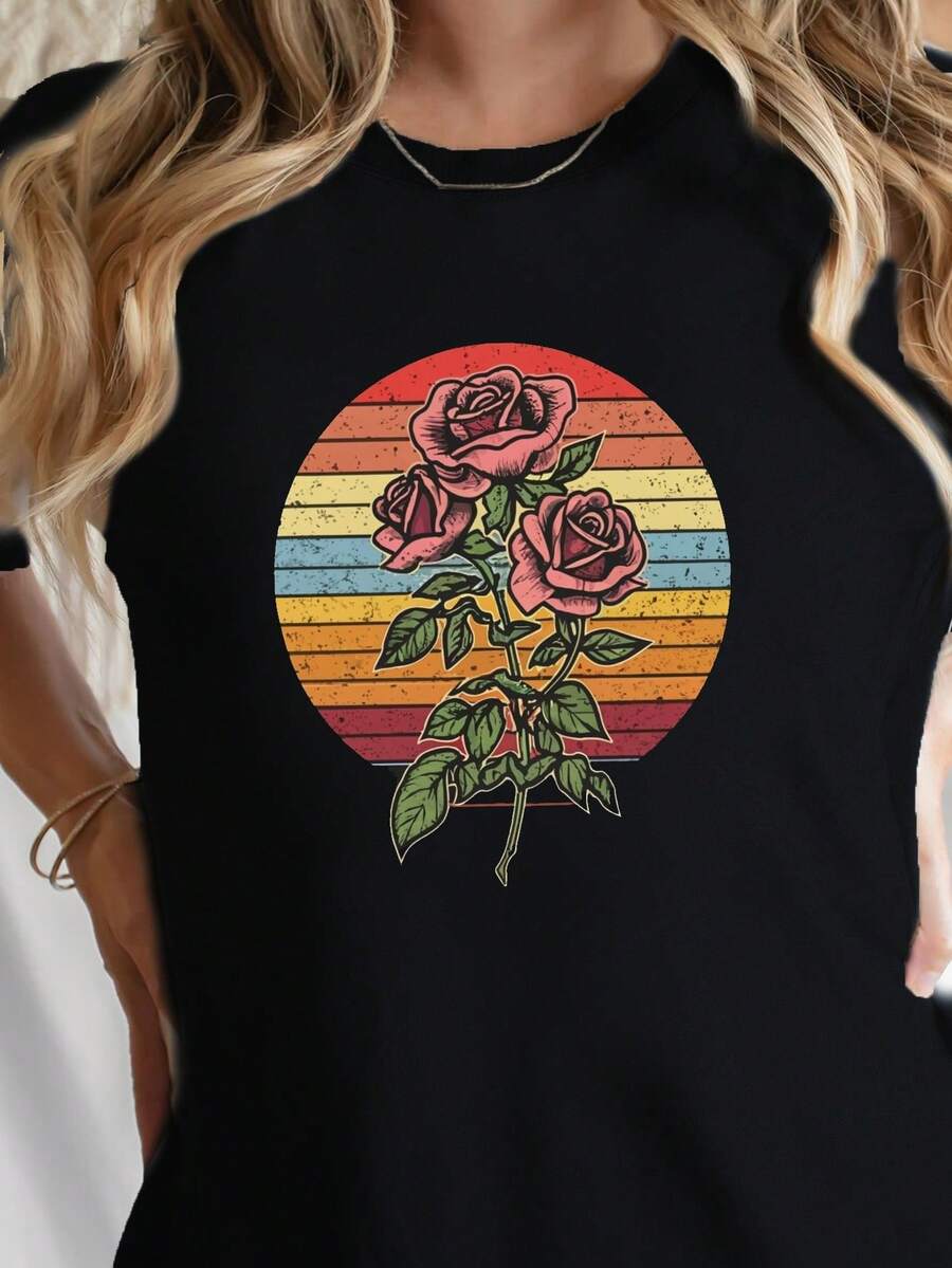 1 Round Neck T-Shirt With Floral Print, Casual Short Sleeve Top For Spring/Summer, Women's Clothing, 180g, 100% Cotton. - 黑色 - 查看 1