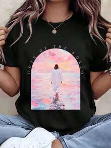 Women's T-Shirt With Jesus Walking On Water Print, Hope Of The World, Round Neck, Casual Loose Fit For Everyday Wear, Gift Idea, 220g, Oversized Blouse - 黑色 - 查看 1