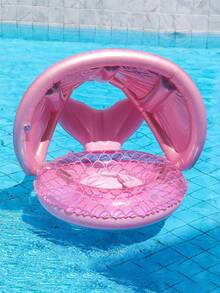Flotador inflable con forma de escamas de sirena rosa con toldo solar, flotador de piscina para bebés y niños pequeños con asa para el verano - Rosa - Ver 5
