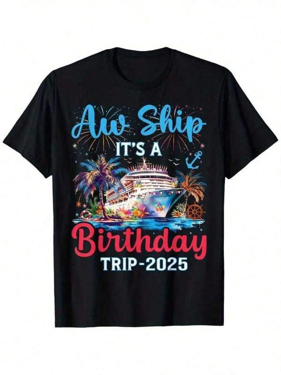 Men's 100% Cotton Birthday T-Shirt | "Aw Ship It's A Birthday Trip 2025" Graphic Tee, Casual Short Sleeve Crew Neck, Vibrant Cruise Ship And Palm Tree Design, Perfect For Summer Outings, Family Vacations, And Birthday Gifts, Sizes S-XXXL - 黑色 - 查看 1