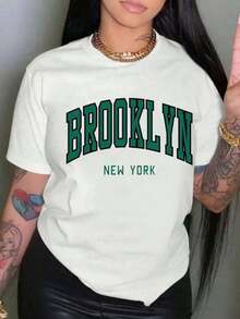 Brooklyn Letter Print Crew Neck T-Shirt, Casual Short Sleeve Drop Shoulder Top, Women's Clothing - 白色的 - 查看 4