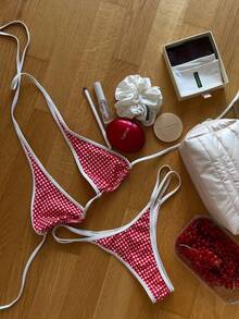 Bộ bikini hở lưng buộc dây kiểu bohemian thanh lịch dành cho nữ, váy che ngoài in họa tiết bằng vải chiffon, thích hợp cho bãi biển mùa hè, lễ Phục sinh, đi chơi, kỳ nghỉ tốt nghiệp. - Đỏ và trắng - Xem 3