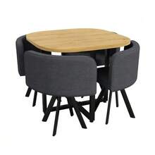 Table And Chair Set For 4 People, Consisting Of A Table (85 X 85 Cm) And Four Linen-Covered Chairs, Suitable For The Kitchen And Dining Room (Oak Tabletop + Grey Chairs) - Grey - View 2