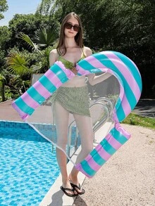 條紋圖案休閒椅充氣浮床，多功能充氣浮床，單人座，夏季水上娛樂 - A - 查看 3