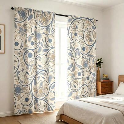Conjunto de 2 cortinas com estampa paisley vintage, estilo boêmio, estampa azul e bege, estampa plana 2D, translúcidas, decoração para casa em estilo boêmio, adequadas para sala de estar e quarto.