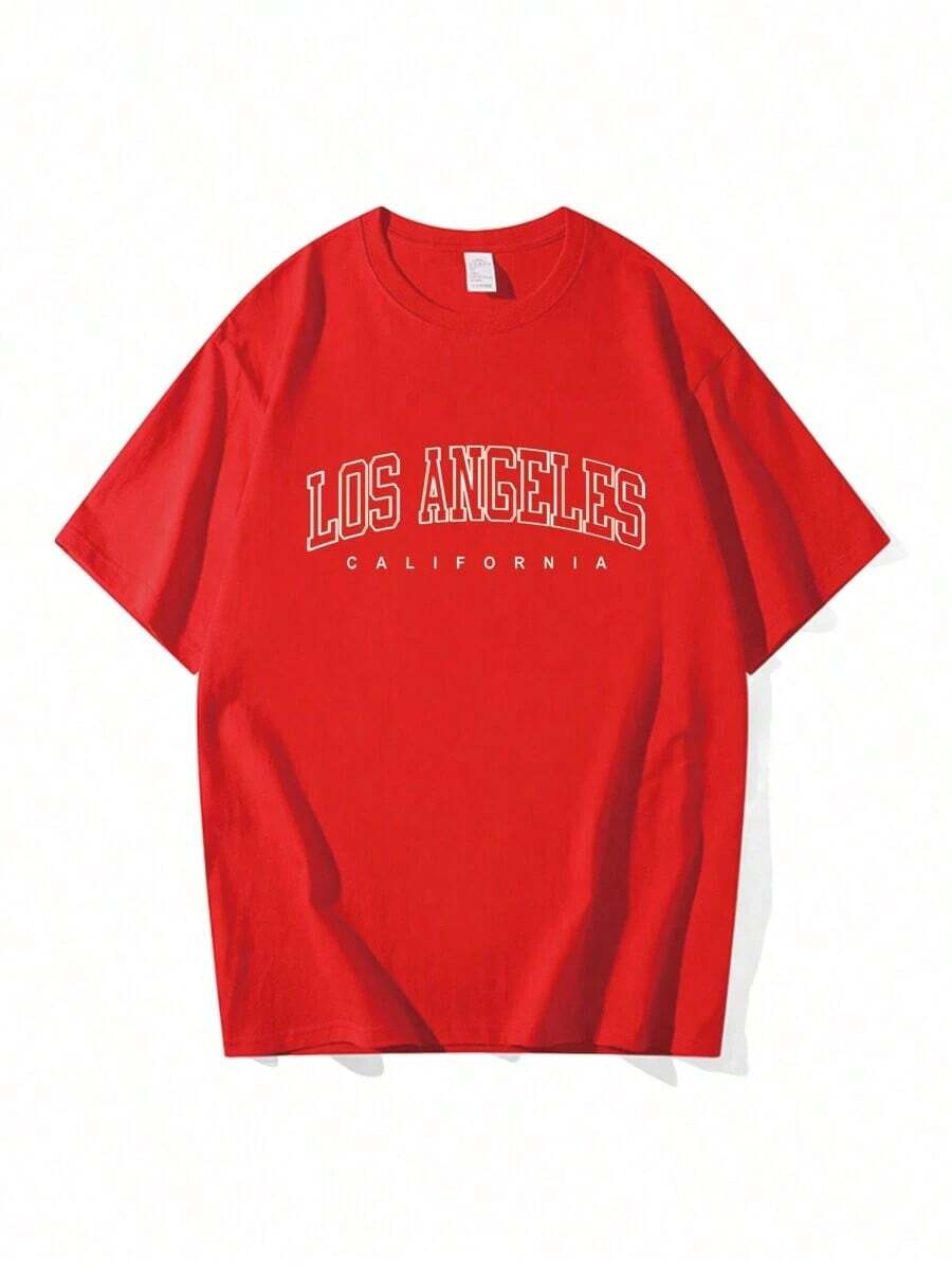Camiseta de cuello redondo impresa con letras de los Ángeles camiseta de verano de moda de manga corta casual y relajada blusa de mujer - Burdeos - Ver 1