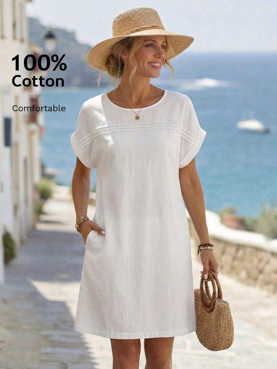 Vestido corto de mujer con cuello redondo y manga corta con estampado de líneas - Blanco - Ver 1