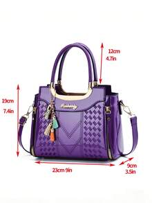 Bolso de mano de mujer de cuero patentado morado con asa superior, bolso cruzado con patrón trenzado y adorno de borla colorida y correa desmontable - Morado - Ver 3
