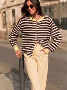 Women's Brown & White Striped Colorblock Knit Cardigan, French Vintage Style Loose Fit Jacket For Spring & Autumn, Suitable For Daily Commute & Casual Wear - Black and White - View 7