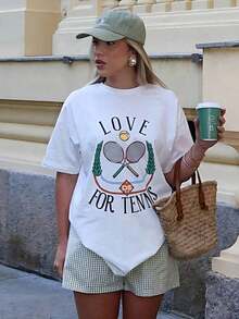 Women's 100% Cotton Summer Top, Tennis Love Print, Comfortable, Loose-Fitting, Heavy, Breathable, American College Style, Short Sleeves, Perfect For Tennis And Summer Outings With Friends. - 白色 - 查看 6