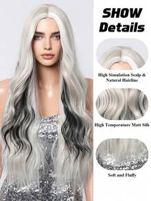 26 Inch Gradient Silver Black Wavy Synthetic Wig - Long Hair Style Without Bangs; Made Of Heat-Resistant Material, Featuring Fluid Water Wave Texture - Perfect For Shopping, Afternoon Tea With Friends, Birthday Parties, Music Festivals And Other Occasions - 挑染白色 - 查看 8