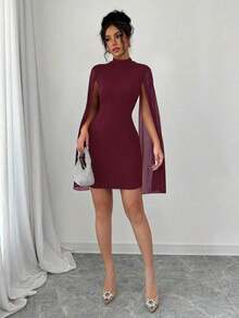 Vestido de capa ajustada con cuello mao de unicolor - Rojo cereza - Ver 6
