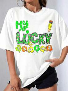 Women's T-Shirts, Casual Short Sleeve Party T-Shirt, OneLucky Charms White T-Shirt With Shamrock And Pencil Print For St. Patrick's Day Celebration 220g - 白色 - 查看 4