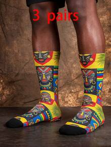 1/3 Pairs African Mid-Calf Socks, African Traditional Mask Design, Men Novelty Socks, Summer Outfit - Multicolor - View 7